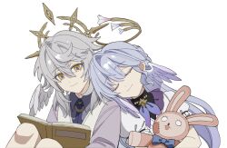 Rule 34 | 1boy, 1girl, blue neckerchief, book, brother and sister, closed eyes, closed mouth, collared shirt, facing viewer, grey hair, grey shirt, hair between eyes, halo, head wings, honkai: star rail, honkai (series), hugging object, knees up, leaning on person, leaning to the side, legs together, long hair, neckerchief, open book, purple hair, purple pupils, robin (honkai: star rail), shirt, siblings, sidelocks, simple background, sitting, smile, stuffed animal, stuffed rabbit, stuffed toy, sunday (honkai: star rail), upper body, vest, white background, white vest, wings, yellow eyes, yuyouxing