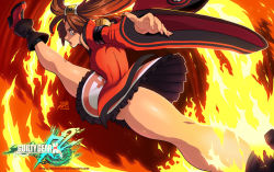 Rule 34 | 1girl, bare legs, bare shoulders, boots, brown eyes, brown hair, china dress, chinese clothes, darkereve, dress, fire, full body, guilty gear, hair ornament, hairclip, high heel boots, high heels, kicking, kuradoberi jam, long hair, long sleeves, looking at viewer, matching hair/eyes, nail polish, open mouth, pink nails, skirt, solo, split, wide sleeves
