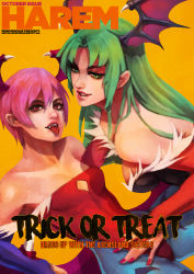 Rule 34 | 2girls, absurdres, animal print, bare shoulders, bat print, bat wings, blue pantyhose, breasts, bridal gauntlets, cleavage cutout, clothing cutout, commentary, cover, demon girl, english commentary, english text, gloves, green eyes, green hair, head wings, highres, large breasts, leotard, light smile, lilith aensland, lips, long hair, low wings, magazine cover, monori rogue, morrigan aensland, multiple girls, nose, october, pantyhose, petite, pink hair, print legwear, purple gloves, red eyes, red gloves, red leotard, short hair, siblings, sisters, small breasts, tongue, tongue out, typo, vampire (game), wings, yellow background