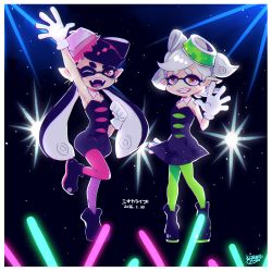 Rule 34 | 2016, 2girls, arm up, artist name, bad id, bad pixiv id, black dress, black footwear, black hair, boots, border, bow, callie (splatoon), clenched hand, dated, detached collar, dress, earrings, fangs, gloves, grin, hair bow, highres, inkling, jewelry, kisaragi yuu (fallen sky), marie (splatoon), mole, mole under eye, multicolored eyes, multiple girls, nintendo, object on head, one eye closed, open hand, open hands, open mouth, orange eyes, pantyhose, pointy ears, purple eyes, short jumpsuit, signature, smile, splatoon (series), splatoon 1, standing, standing on one leg, strapless, tentacle hair, translation request, white border, white gloves, white hair