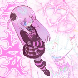 Rule 34 | 1girl, black footwear, black shirt, blue eyes, bocchi the rock!, chain necklace, character name, commentary, elbow gloves, eyepatch, fingerless gloves, fishnet sleeves, fishnets, full body, gloves, gotoh hitori, hair ornament, heart, highres, jewelry, long hair, necklace, pink hair, plaid, plaid skirt, punk, shirt, side ahoge, skirt, solo, striped clothes, striped gloves, striped leg warmers, sweatdrop, x hair ornament, yappari