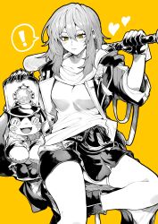 Rule 34 | 1girl, 1other, absurdres, baseball bat, belt, black footwear, black gloves, black jacket, black skirt, button eyes, buttons, commentary request, foot out of frame, gloves, grey hair, greyscale with colored background, hair between eyes, highres, holding, holding baseball bat, honkai: star rail, honkai (series), jacket, legs, long hair, pom-pom (honkai: star rail), shirt, sidelocks, simple background, sitting, skindentation, skirt, spot color, stelle (honkai: star rail), stuffed toy, thigh strap, thighs, trailblazer (honkai: star rail), white shirt, yellow background, yellow eyes, yotsumi shiro