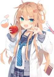 Rule 34 | 1girl, :d, ahoge, apple, aqua eyes, blonde hair, book, cardigan, coat, commentary request, double bun, fang, flask, food, fruit, grey cardigan, hair between eyes, hair bun, hair ornament, hair rings, hairclip, hands up, highres, holding, holding food, holding fruit, lab coat, long hair, looking at viewer, necktie, nibiiro shizuka, open cardigan, open clothes, open coat, open mouth, original, plaid, plaid skirt, round-bottom flask, sailor collar, school uniform, shirt, skirt, smile, solo, striped necktie, striped neckwear, test tube, upper body, v-shaped eyebrows, white background, white coat, white shirt
