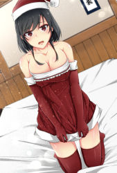 Rule 34 | 10s, 1girl, aga marino, alternate costume, bare shoulders, bed, bed sheet, black hair, blush, breasts, cleavage, collarbone, dress, dress tug, dutch angle, elbow gloves, gloves, hat, kantai collection, kneeling, large breasts, looking at viewer, on bed, open mouth, red eyes, red gloves, red thighhighs, santa costume, santa dress, santa hat, short hair, solo, strapless, strapless dress, thighhighs, yamashiro (kancolle)