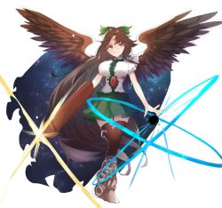 Rule 34 | 1girl, absurdly long hair, alternate breast size, arm cannon, bird wings, black wings, bow, breasts, brown hair, cape, double exposure, dress, energy ball, frills, full body, granblue fantasy (style), large breasts, long hair, looking at viewer, puffy short sleeves, puffy sleeves, red eyes, reiuji utsuho, ribbon, shirt, short sleeves, sidelocks, smile, solo, thighhighs, third eye, touhou, tsukikusa, very long hair, weapon, white background, white cape, white shirt, wings