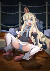 Rule 34 | 1girl, arm support, azur lane, bare shoulders, black hairband, black shirt, blonde hair, blue bow, blue bowtie, blue eyes, blue panties, blunt bangs, blush, bow, bowtie, breasts, cameltoe, covered navel, cross, crown, detached collar, drill hair, elbow gloves, fang, female focus, full body, gloves, hairband, hand up, high heels, long hair, mikomo, mini crown, miniskirt, nose blush, open mouth, panties, peeing, peeing self, puddle, queen elizabeth (azur lane), red footwear, scared, shirt, shoes, sitting, skirt, small breasts, solo, spread legs, steam, strapless, strapless shirt, tears, teeth, thighhighs, tilted headwear, underwear, upskirt, wet, wet clothes, wet panties, white skirt, white thighhighs, wide-eyed