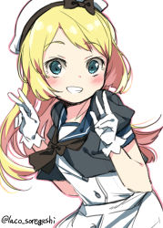 Rule 34 | 1girl, blonde hair, blue eyes, blue sailor collar, cowboy shot, double v, dress, gloves, grin, hat, jervis (kancolle), kantai collection, laco soregashi, long hair, looking at viewer, one-hour drawing challenge, sailor collar, sailor dress, sailor hat, short sleeves, simple background, smile, solo, twitter username, v, white background, white dress, white gloves, white hat