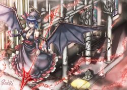 1girl alternate_costume bare_shoulders bat_wings blue_hair breasts chain chandelier cross detached_sleeves dress female_focus highres holding jewelry large_breasts necklace aged_up planted remilia_scarlet ryu-no ryuuno_stadtfeld short_hair solo spear_the_gungnir spell_card spellc standing statue touhou weapon wings