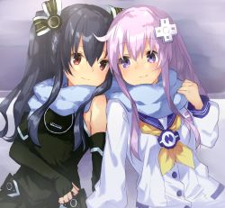 Rule 34 | 2girls, black dress, black gloves, black hair, buran buta, d-pad, d-pad hair ornament, dress, elbow gloves, fingerless gloves, gloves, hair ornament, hair ribbon, hairclip, highres, long hair, looking at another, multiple girls, nepgear, neptune (series), purple eyes, purple hair, red eyes, ribbon, sailor dress, scarf, shared clothes, shared scarf, shoulder-to-shoulder, sleeveless, two side up, uni (neptunia), yuri