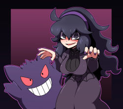 Rule 34 | 1girl, @ @, ahoge, alternate breast size, blush, breasts, commentary request, creatures (company), dress, game freak, gen 1 pokemon, gengar, grey eyes, hair between eyes, hairband, hands up, hex maniac (pokemon), long hair, long sleeves, looking at viewer, nail polish, nintendo, npc trainer, omoitsuka, open mouth, outline, pokemon, pokemon (creature), pokemon xy, purple hairband, purple nails, smile, squatting, tongue