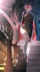 Rule 34 | 1girl, absurdres, black coat, black dress, black footwear, black gloves, black thighhighs, breasts, china dress, chinese clothes, coat, coat on shoulders, dress, elbow gloves, full body, gloves, high heels, highres, ion (cation), lan (tower of fantasy), large breasts, medium hair, multicolored hair, parasol, pelvic curtain, pink hair, side slit, single thighhigh, solo, stairs, streaked hair, thighhighs, tower of fantasy, umbrella, yellow eyes