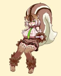 Rule 34 | 1girl, animal ears, animal hands, bare shoulders, beige background, blush, breasts, brown fur, brown hair, brown skirt, embarrassed, fluffy, full body, fur, green eyes, green necktie, highres, huge breasts, invisible chair, knees together feet apart, large tail, letter, looking at viewer, love letter, monster girl, monster girl encyclopedia, multicolored hair, nav (itsnav), necktie, nose blush, open mouth, ratatoskr (monster girl encyclopedia), short hair, simple background, sitting, skirt, solo, squirrel ears, squirrel tail, streaked hair, striped tail, tail, white hair