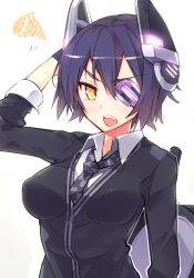 Rule 34 | 10s, 1girl, black hair, blue vert, checkered clothes, checkered necktie, checkered neckwear, dress shirt, eyepatch, hair ornament, kantai collection, machinery, necktie, open mouth, shirt, short hair, solo, squiggle, tenryuu (kancolle), upper body, yellow eyes