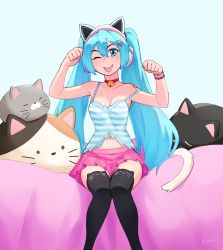 Rule 34 | 1girl, ;p, absurdres, animal ear headphones, animal ear legwear, animal ears, artist name, bare shoulders, bell, black thighhighs, blue eyes, blue hair, breasts, cat ear headphones, cat ear legwear, cat ears, cat girl, cat-shaped pillow, cat tail, choker, collarbone, commentary, fake animal ears, hair between eyes, hair ornament, hairclip, hands up, hatsune miku, headphones, highres, jingle bell, kemonomimi mode, long hair, looking at viewer, medium breasts, midriff peek, navel, neck bell, one eye closed, paw pose, pink skirt, pleated skirt, red choker, rob ishi, shoulder tattoo, sitting, skirt, smile, solo, strap slip, tail, tattoo, thighhighs, tongue, tongue out, twintails, very long hair, vocaloid, wristband
