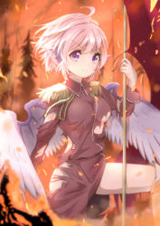 Rule 34 | 1girl, ahoge, aiguillette, animal ears, bird wings, breasts, commentary request, epaulettes, fire, flag, flagpole, highres, kotarou (yukina1721), light purple hair, looking at viewer, medium breasts, military, military uniform, mystia lorelei, purple eyes, shirt, short hair, solo, torn clothes, torn shirt, touhou, underboob, uniform, wings