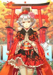 Rule 34 | 1girl, animal ears, autumn leaves, bad id, bad pixiv id, female focus, flower, gloves, hair flower, hair ornament, interlocked fingers, inubashiri momiji, katana, leaf, looking at viewer, ogino (oginogino), red eyes, silver hair, skirt, smile, solo, sword, tail, thighhighs, torii, touhou, weapon, wolf ears, wolf tail