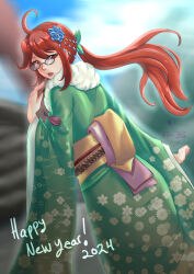 Rule 34 | 1girl, 2024, ahoge, creatures (company), english text, floral print, fur-trimmed kimono, fur trim, game freak, glasses, green kimono, hair ornament, happy new year, highres, japanese clothes, kimono, long hair, looking at viewer, looking back, lorelei (pokemon), new year, nintendo, obi, pokemon, pokemon lgpe, ponytail, print kimono, red eyes, red hair, rinku bny, sash, signature, solo, swept bangs, wide sleeves