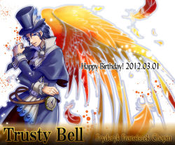 Rule 34 | 1boy, birthday, black hair, character name, copyright name, dated, feathers, formal, frederic chopin (trusty bell), happy birthday, hat, hige (yosemite), male focus, pocket watch, solo, suit, top hat, trusty bell, watch, wings