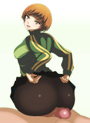 Rule 34 | 1girl, ass, atlus, bike shorts, brown eyes, brown hair, buttjob, buttjob over clothes, censored, clothes lift, highres, huge ass, image sample, jacket, juudai, looking at viewer, penis, persona, persona 4, pixiv sample, resized, satonaka chie, skirt, skirt lift, track jacket