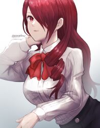 Rule 34 | 1girl, black skirt, bow, bowtie, closed mouth, collared shirt, commentary request, gekkoukan high school uniform, hair over one eye, highres, kirijou mitsuru, lips, long hair, long sleeves, looking at viewer, one eye covered, persona, persona 3, pink lips, pppppknw, red bow, red bowtie, red eyes, red hair, school uniform, shirt, simple background, skirt, smile, solo, twitter username, white background, white shirt