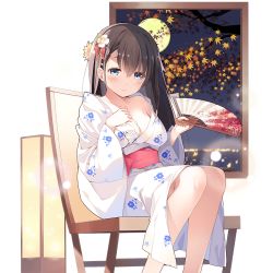 Rule 34 | 1girl, blue eyes, blush, breasts, brown hair, cleavage, closed mouth, emma beauty, hand fan, floral print, flower, folding fan, full moon, hair flower, hair ornament, hairclip, hand on own chest, indoors, japanese clothes, kimono, long hair, looking at viewer, medium breasts, moon, nekomu, obi, off shoulder, open clothes, open kimono, sash, sitting, smile, solo, transparent background, uchi no hime-sama ga ichiban kawaii, yukata