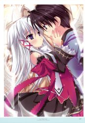 Rule 34 | 1boy, 1girl, absurdres, black hair, blush, detached sleeves, dress, hand on another&#039;s cheek, hand on another&#039;s face, highres, hinamatsuri touko, official art, pages, purple eyes, tadayou shoko no verte tera, white hair