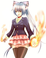 Rule 34 | 1girl, alternate costume, bad id, bad pixiv id, black thighhighs, blazer, bow, choker, contemporary, fire, flaming hand, fujiwara no mokou, hair bow, jacket, layered skirt, long sleeves, ponytail, short hair, silver hair, simple background, skirt, solo, thighhighs, touhou, wendell, white background, zettai ryouiki