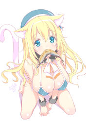 Rule 34 | 10s, 1girl, animal ears, atago (kancolle), bikini, blonde hair, blue eyes, breasts, cat ears, cat girl, cat tail, female focus, fish, fish in mouth, food in mouth, hat, highres, kantai collection, kemonomimi mode, kneeling, large breasts, long hair, looking at viewer, shibi, shiny skin, sitting, solo, strap gap, swimsuit, tail