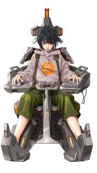 Rule 34 | 1girl, black hair, cable, cockpit, controller, drawstring, game controller, green shorts, grey hoodie, headset, highres, hood, hoodie, keyboard (computer), looking at viewer, mouse (computer), orange eyes, original, science fiction, short hair, shorts, sitting, solo, straight-on, toweling3, white background