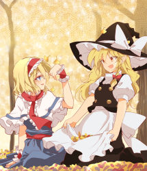 Rule 34 | 2girls, :d, alice margatroid, apron, arm up, blonde hair, blue dress, blue eyes, blush, bow, braid, breasts, capelet, dress, frilled capelet, frills, ginkgo leaf, hair ribbon, hairband, hat, hat ribbon, highres, ichimura kanata, kirisame marisa, leaf, leaf on head, lolita hairband, long hair, looking at another, medium breasts, multiple girls, open mouth, puffy short sleeves, puffy sleeves, red ribbon, ribbon, shirt, short hair, short sleeves, single braid, sitting, smile, touhou, tree, tress ribbon, waist bow, white apron, white capelet, white ribbon, white shirt, witch hat, wrist cuffs, yellow eyes