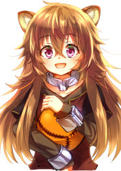 Rule 34 | 1girl, :d, animal ears, ball, brown hair, collar, collarbone, crossed bangs, cuffs, curly hair, floating hair, grey shirt, hair between eyes, handcuffs, highres, holding, holding ball, layered sleeves, long hair, long sleeves, looking at viewer, open mouth, raccoon ears, raccoon girl, raphtalia, red eyes, shirt, short over long sleeves, short sleeves, simple background, smile, solo, tate no yuusha no nariagari, upper body, user dznz5583, very long hair, white background