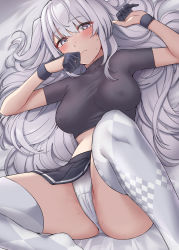 Rule 34 | 1girl, absurdres, blush, breasts, collarbone, covered erect nipples, cropped shirt, fuyutsuki (kancolle), gloves, grey eyes, grey hair, grey thighhighs, half gloves, highres, kantai collection, kiritto, long hair, looking at viewer, lying, medium breasts, on back, on bed, panties, partially undressed, pleated skirt, skirt, solo, striped clothes, striped skirt, thighhighs, underwear, very long hair, wavy mouth, white panties
