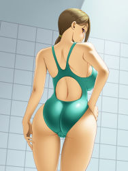 Rule 34 | 1girl, aqua one-piece swimsuit, ass, backboob, bare shoulders, breasts, brown hair, cameltoe, commentary request, competition swimsuit, cowboy shot, dutch angle, from behind, hair over one eye, hand on own hip, huge breasts, kawanuma uotsuri, long hair, looking at viewer, looking back, one-piece swimsuit, orange eyes, original, parted lips, ponytail, shoulder blades, solo, standing, swimsuit, thighs