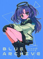 Rule 34 | 1girl, black footwear, black gloves, black skirt, blue archive, blue background, blue necktie, blue socks, blush, character name, collared shirt, floating, gloves, hand on own knee, highres, jacket, long hair, looking at viewer, menma (enaic31), necktie, purple eyes, purple hair, shirt, skirt, socks, solo, triangle, twintails, white jacket, yuuka (blue archive)