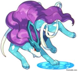 Rule 34 | closed mouth, creatures (company), frown, game freak, gen 2 pokemon, legendary pokemon, long hair, nintendo, pokemon, pokemon (creature), purple hair, red eyes, ribbon, rorosuke, solo, suicune, twitter username, water, white background