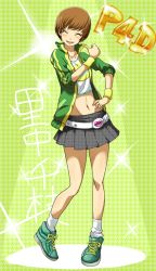 Rule 34 | 1girl, blush, brown hair, closed eyes, female focus, full body, hand on own hip, jacket, kurosususu, midriff, navel, open clothes, open jacket, persona, persona 4, persona 4: dancing all night, persona dancing, plaid, plaid skirt, satonaka chie, shoes, skirt, sneakers, solo, stomach, thumbs up, wristband