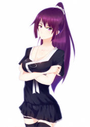 Rule 34 | 1girl, arms under breasts, bakemonogatari, black dress, black thighhighs, blush, breasts, cleavage, collarbone, commentary request, cowboy shot, crossed arms, dress, frown, hair between eyes, hair ornament, hair scrunchie, heart, heart necklace, jewelry, long hair, looking at viewer, medium breasts, monogatari (series), necklace, pleated skirt, ponytail, purple eyes, purple hair, remon sooda, scrunchie, senjougahara hitagi, shadow, short dress, short sleeves, sidelocks, simple background, skirt, solo, thighhighs, white background, zettai ryouiki