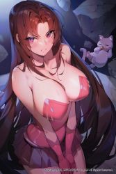 Rule 34 | 1girl, absurdres, bare shoulders, blush, breasts, brown hair, cat, cleavage, collarbone, copyright name, cover, cover image, cover page, elbow gloves, embarrassed, gloves, grey skirt, highres, korean commentary, large breasts, leotard, long hair, looking at viewer, ludaf, mabeobsonyeoneun ag-e gulboghayeossseubnida, miniskirt, novel cover, parted bangs, parted lips, pink gloves, pink leotard, pleated skirt, purple eyes, sideboob, sidelocks, skirt, slit pupils, solo, strapless, strapless leotard, sweat, very long hair, watermark