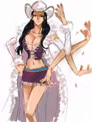 Rule 34 | 1girl, artist request, bare shoulders, black dress, black hair, breasts, cleavage, cowboy hat, cross-laced clothes, curvy, dress, earrings, fur collar, fur trim, hana hana no mi, hat, jewelry, large breasts, long hair, nico robin, nico robin (alabasta), one piece, parted lips, smile
