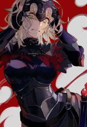 Rule 34 | 1girl, armor, bad id, bad pixiv id, blonde hair, boobplate, breastplate, breasts, cape, clenched teeth, crying, crying with eyes open, fate (series), faulds, gauntlets, grimace, hands on own head, jeanne d&#039;arc (fate), jeanne d&#039;arc alter (avenger) (fate), jeanne d&#039;arc alter (fate), kibadori rue, looking at viewer, red cape, short hair, slit pupils, solo, tears, teeth, tiara, torn cape, torn clothes, underbust, wide-eyed, yellow eyes