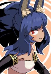 Rule 34 | 1girl, animal ear fluff, animal ears, bare shoulders, belt bra, big hair, black gloves, blue hair, breasts, elbow gloves, etrian odyssey, from side, gloves, looking at viewer, looking to the side, outline, parted lips, pink background, ponytail, red eyes, reiesu (reis), small breasts, smile, solo, strapless, tube top, upper body, white outline