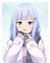 Rule 34 | 1girl, :d, adjusting scarf, aqua background, blue eyes, blunt bangs, blush, border, coat, commentary request, grey scarf, hair ornament, hairclip, hands up, idolmaster, idolmaster million live!, idolmaster million live! theater days, index finger raised, long hair, long sleeves, looking at viewer, open clothes, open coat, open mouth, outside border, plaid, plaid scarf, purple sweater, scarf, shiraishi tsumugi, sidelocks, silver hair, sleeves past wrists, smile, solo, sweater, trinitro t, upper body, white border, white coat, winter clothes, winter coat