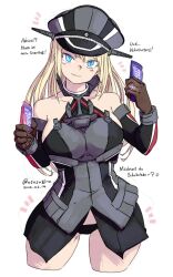 Rule 34 | 1girl, :3, bismarck (kancolle), black panties, blonde hair, blue eyes, blush, breasts, brown gloves, candy, chocolate, chocolate bar, closed mouth, dated, detached sleeves, food, german text, gloves, hair between eyes, hat, highres, holding, jewelry, kantai collection, large breasts, long hair, looking at viewer, military uniform, milka (chocolate), oso (toolate), panties, peaked cap, ring, simple background, solo, twitter username, underwear, uniform, valentine, wedding ring, white background