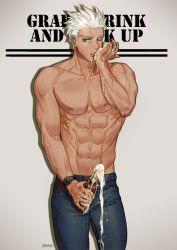 Rule 34 | 1boy, abs, alcohol, archer (fate), bare pectorals, beer, beer bottle, dark-skinned male, dark skin, fate (series), g0ringo, licking, licking hand, male focus, one eye closed, pants, pectorals, phallic symbol, sexually suggestive, simple background, solo, spilling, suggestive fluid, toned, toned male, topless male, watch, white hair, wristwatch