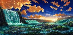 Rule 34 | cliff, cloud, commentary, diffraction spikes, hasumi yuuki, light rays, mountainous horizon, nature, no humans, original, river, rock, scenery, signature, sky, sun, sunlight, sunset, water, waterfall