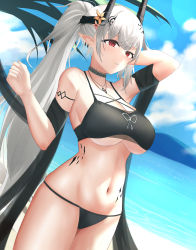 Rule 34 | 1girl, absurdres, arknights, armlet, bad id, bad pixiv id, bare shoulders, bikini, black bikini, blue sky, breasts, cleavage, collar, cowboy shot, day, dutch angle, earrings, flower, hair flower, hair ornament, highres, horns, infection monitor (arknights), jewelry, large breasts, lens flare, long hair, material growth, mudrock (arknights), mudrock (silent night) (arknights), navel, necklace, niuwajun, ocean, orange flower, oripathy lesion (arknights), outdoors, parted lips, pointy ears, ponytail, red eyes, red flower, shawl, sky, solo, stomach, swimsuit, underboob, very long hair, water