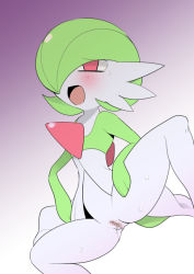 Rule 34 | 1girl, ayumi t, blush, bob cut, censored, colored skin, creatures (company), empty eyes, female focus, flat chest, flat color, game freak, gardevoir, gen 3 pokemon, gradient background, green hair, green skin, grey skin, hair over one eye, half-closed eyes, knee up, mosaic censoring, multicolored skin, nintendo, open mouth, pokemon, pokemon (creature), purple background, pussy, pussy juice, red eyes, short hair, simple background, solo, spread legs, sweat, tears, two-tone background, two-tone skin