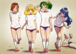 Rule 34 | 5girls, aoki reika, blue buruma, blue eyes, blue hair, blush, breasts, buruma, ei (eikun), full body, green eyes, green hair, gym shirt, gym uniform, hino akane (smile precure!), hoshizora miyuki, kise yayoi, long hair, midorikawa nao, multiple girls, pink hair, ponytail, precure, red eyes, red hair, shirt, shoes, short hair, short sleeves, smile, smile precure!, sneakers, socks, white footwear, white socks, yellow background