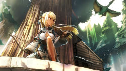 Rule 34 | 1girl, ark survival evolved, black gloves, blonde hair, book, bow (weapon), breasts, cleavage, cleavage cutout, clothing cutout, dark-skinned female, dark skin, fingerless gloves, flying, forest, gloves, hair ornament, highres, holding, holding book, holding bow (weapon), holding weapon, hololive, namako (namacotan), nature, outdoors, pointy ears, pterosaur, red eyes, shiranui flare, shiranui flare (old design), tree, virtual youtuber, weapon