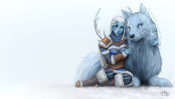 Rule 34 | 1girl, animal ears, artist name, blue eyes, blue skin, boots, braid, cape, colored skin, dated, facial mark, fur trim, long hair, one eye closed, sciamano240, sitting, skadi (smite), smite, snow, solo, tail, tattoo, watermark, web address, white hair, wolf, wolf ears, wolf tail